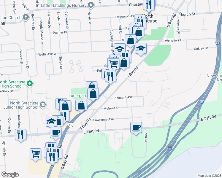 map of restaurants, bars, coffee shops, grocery stores, and more near 450 South Main Street in North Syracuse