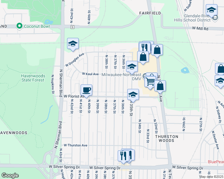 map of restaurants, bars, coffee shops, grocery stores, and more near 6061A North 37th Street in Milwaukee