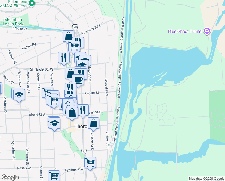 map of restaurants, bars, coffee shops, grocery stores, and more near 35 Wellington Street North in Thorold