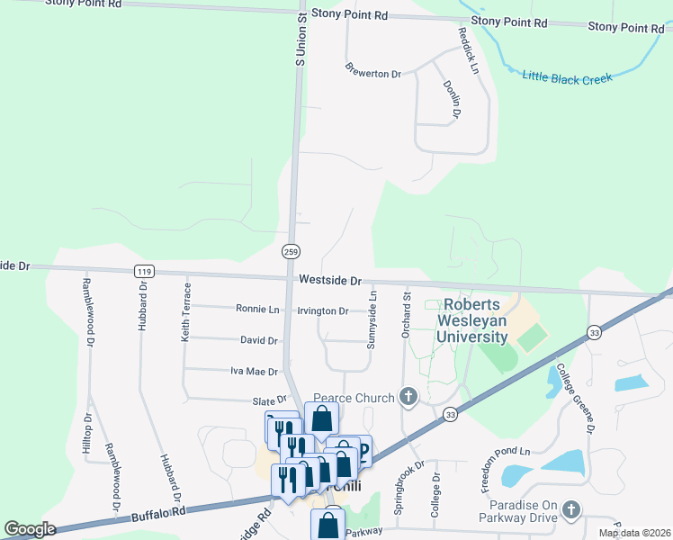 map of restaurants, bars, coffee shops, grocery stores, and more near 2 Alderbrook Trail in Rochester
