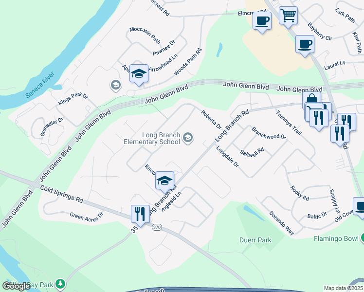 map of restaurants, bars, coffee shops, grocery stores, and more near 4035 Long Branch Road in Liverpool