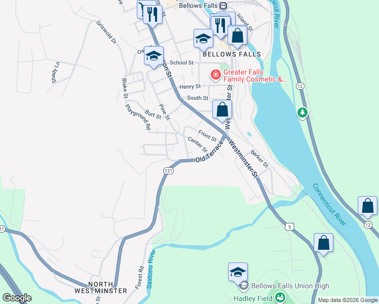 map of restaurants, bars, coffee shops, grocery stores, and more near 5 West Street in Town of Rockingham