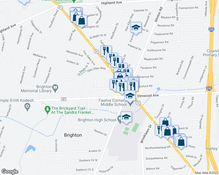 map of restaurants, bars, coffee shops, grocery stores, and more near 78 Hollywood Avenue in Rochester