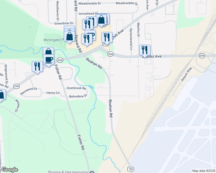 map of restaurants, bars, coffee shops, grocery stores, and more near 535 Beahan Road in Rochester