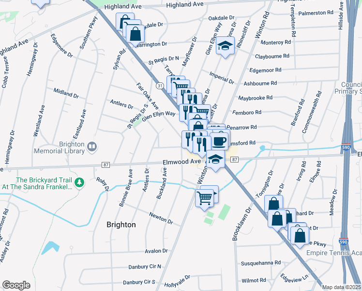 map of restaurants, bars, coffee shops, grocery stores, and more near 41 Hollywood Avenue in Rochester