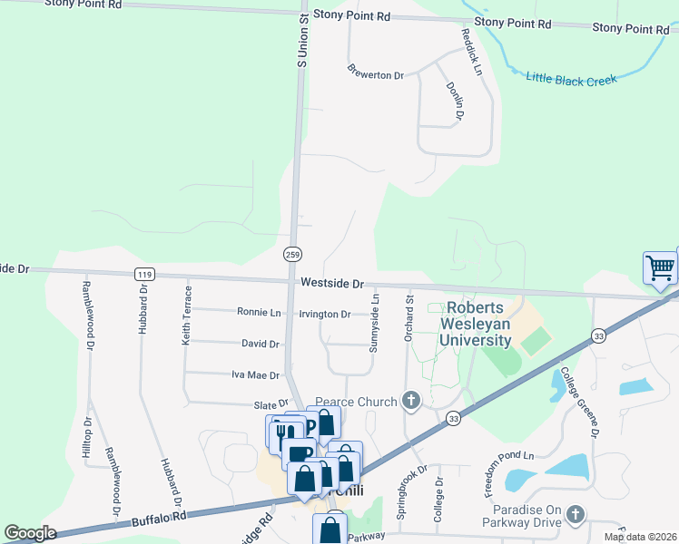 map of restaurants, bars, coffee shops, grocery stores, and more near 2 Alderbrook Trail in Rochester