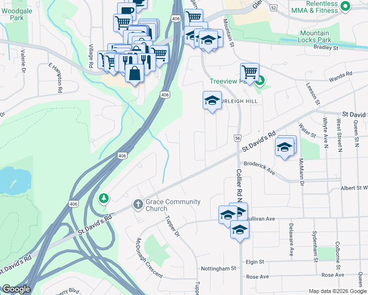 map of restaurants, bars, coffee shops, grocery stores, and more near in St. Catharines