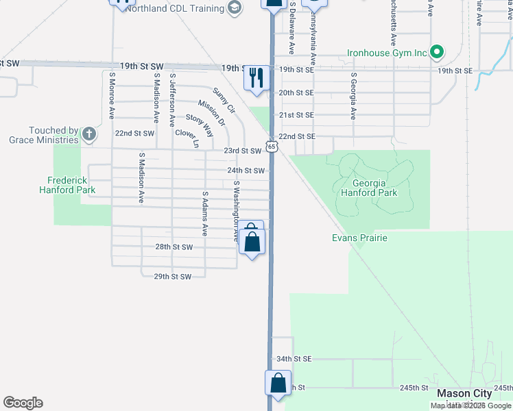 map of restaurants, bars, coffee shops, grocery stores, and more near 31 25th Street Southwest in Mason City