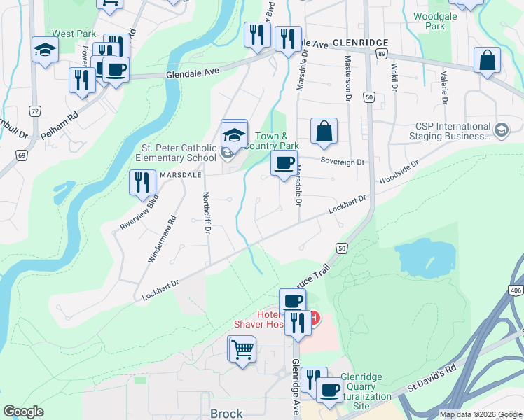 map of restaurants, bars, coffee shops, grocery stores, and more near 20 Briarfield Crescent in St. Catharines
