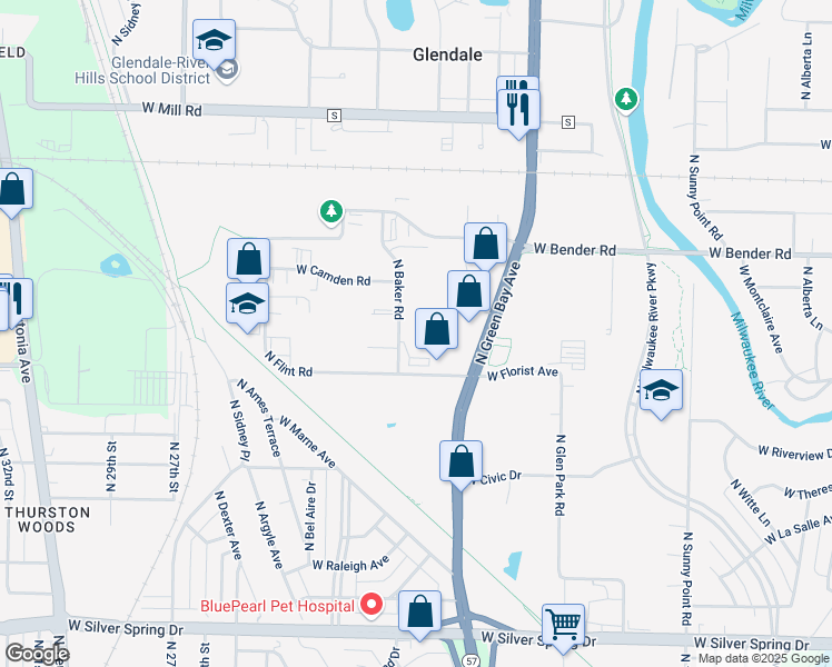 map of restaurants, bars, coffee shops, grocery stores, and more near 6100 North Baker Road in Glendale