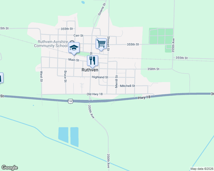 map of restaurants, bars, coffee shops, grocery stores, and more near 1100 Mitchell Street in Ruthven