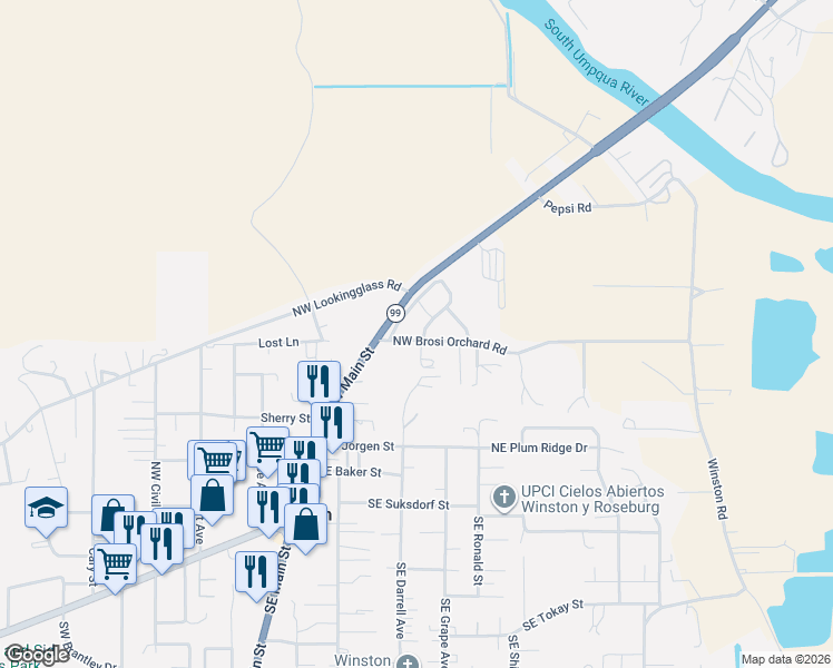map of restaurants, bars, coffee shops, grocery stores, and more near 70 Northwest Brosi Orchard Road in Winston