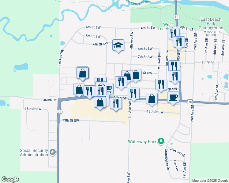 map of restaurants, bars, coffee shops, grocery stores, and more near 515 11th Street Southwest in Spencer
