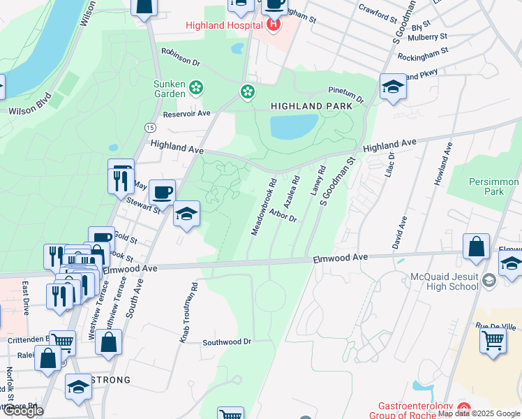 map of restaurants, bars, coffee shops, grocery stores, and more near 59 Meadowbrook Road in Rochester