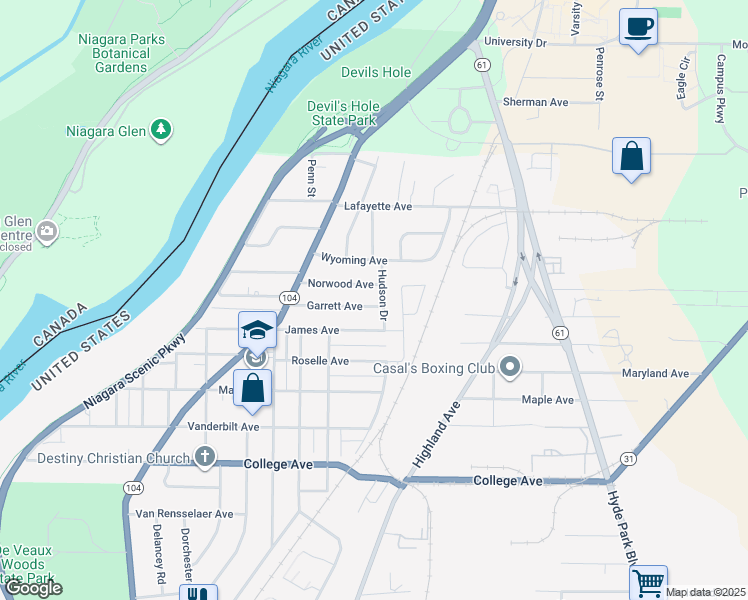 map of restaurants, bars, coffee shops, grocery stores, and more near 1352 Garrett Avenue in Niagara Falls