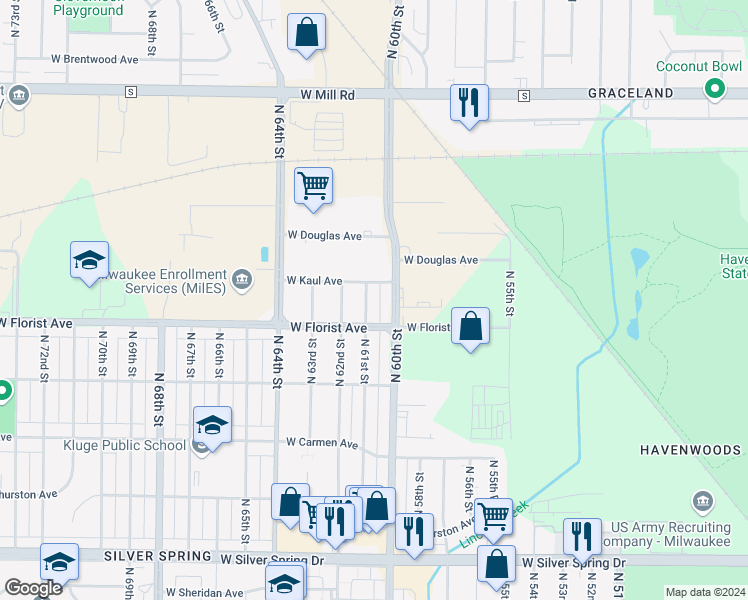 map of restaurants, bars, coffee shops, grocery stores, and more near 6032 North 61st Street in Milwaukee