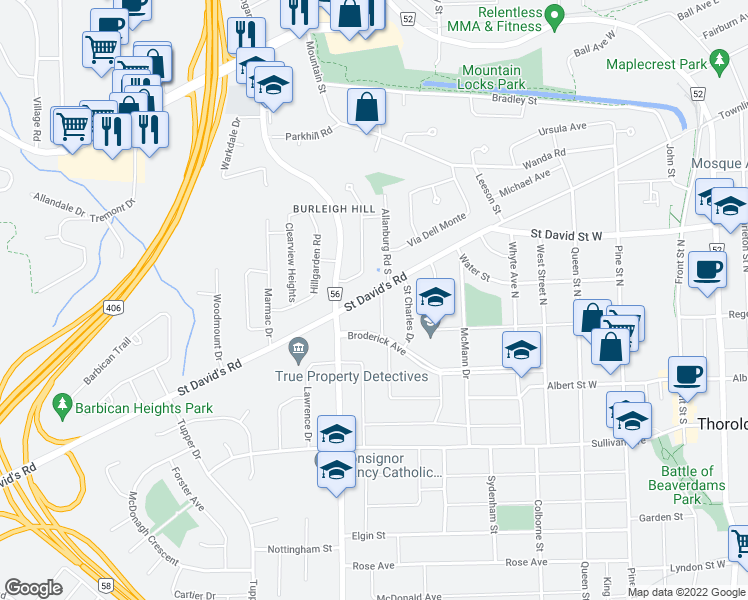 map of restaurants, bars, coffee shops, grocery stores, and more near 161 Saint David's Road in Thorold