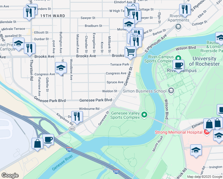 map of restaurants, bars, coffee shops, grocery stores, and more near 46 Weldon Street in Rochester