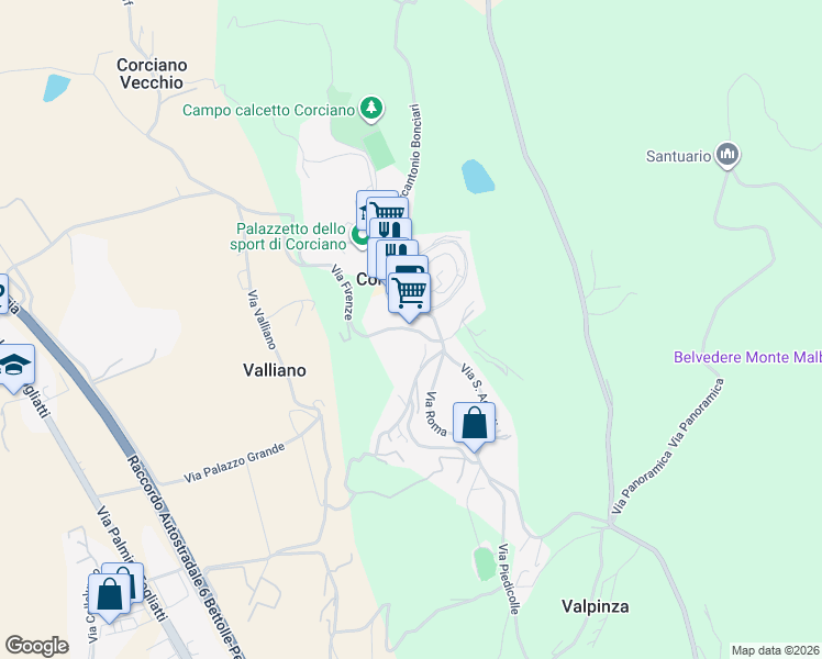 map of restaurants, bars, coffee shops, grocery stores, and more near 4 Via Firenze in Corciano