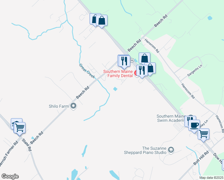 map of restaurants, bars, coffee shops, grocery stores, and more near Ruth Ln in Eliot