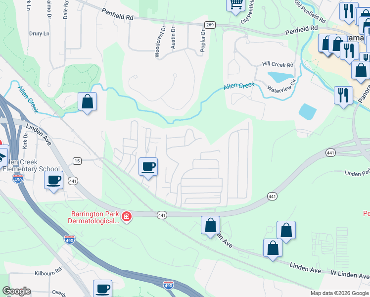 map of restaurants, bars, coffee shops, grocery stores, and more near 6 Spinet Drive in Monroe County