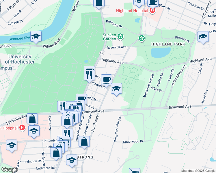 map of restaurants, bars, coffee shops, grocery stores, and more near 87 May Street in Rochester