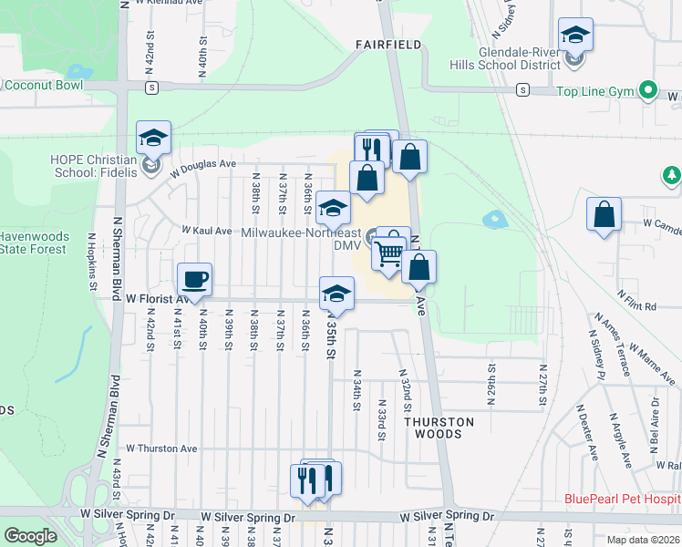 map of restaurants, bars, coffee shops, grocery stores, and more near 6046 North 35th Street in Milwaukee