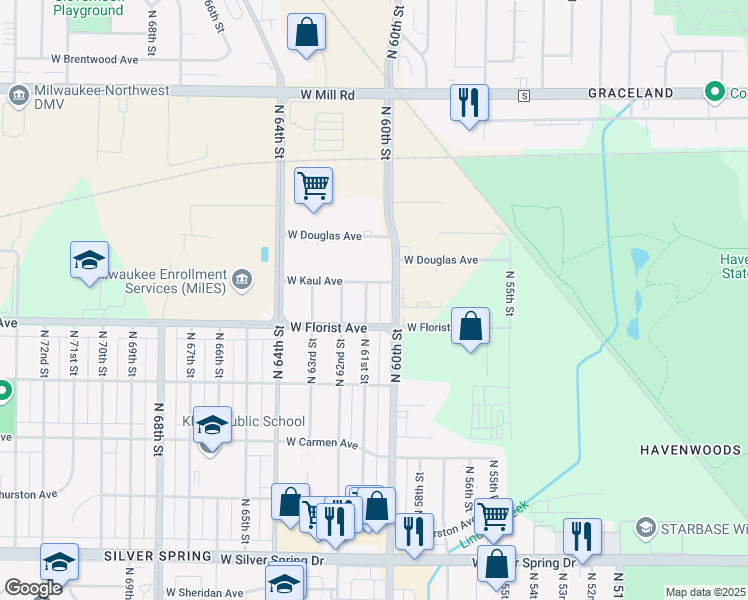 map of restaurants, bars, coffee shops, grocery stores, and more near 6052 North 61st Street in Milwaukee