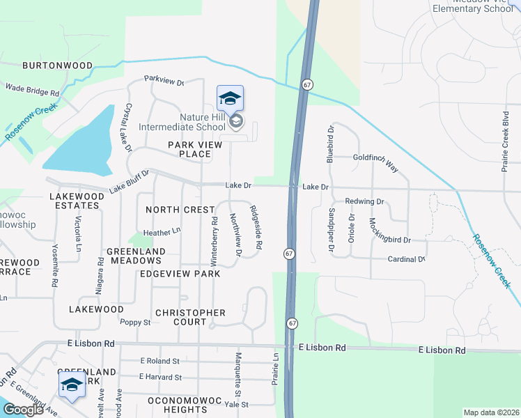 map of restaurants, bars, coffee shops, grocery stores, and more near 1303 Ridgeside Road in Oconomowoc