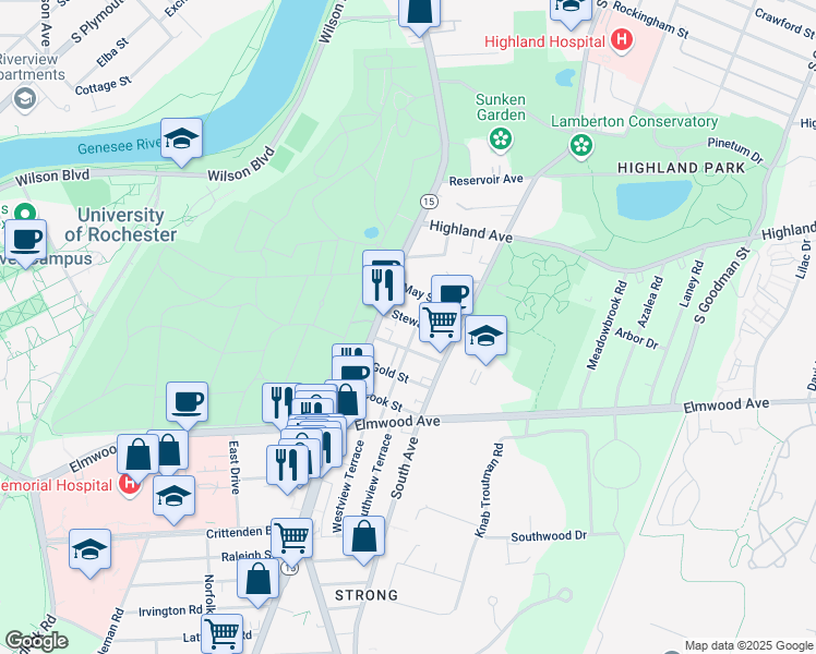map of restaurants, bars, coffee shops, grocery stores, and more near 41 Stewart Street in Rochester