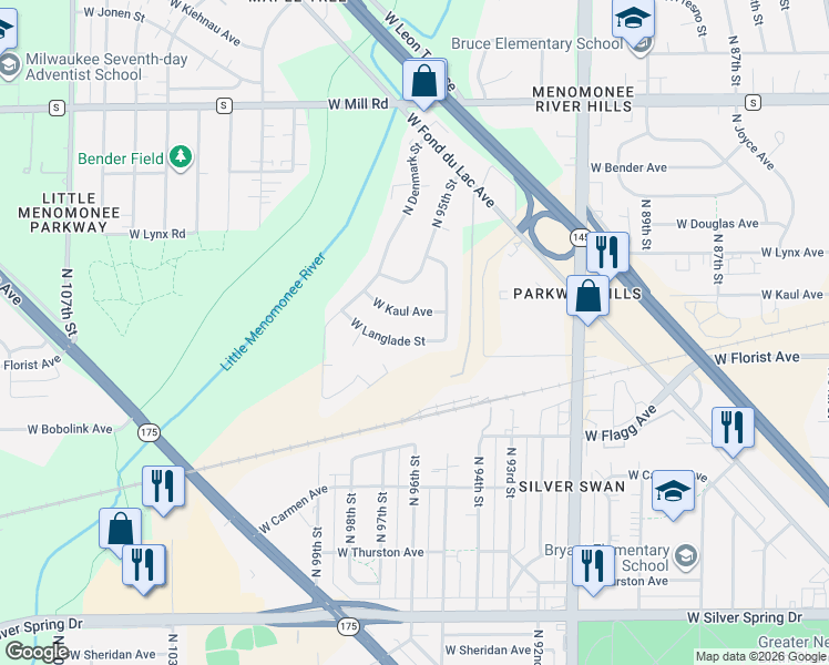 map of restaurants, bars, coffee shops, grocery stores, and more near 9537 West Kaul Avenue in Milwaukee