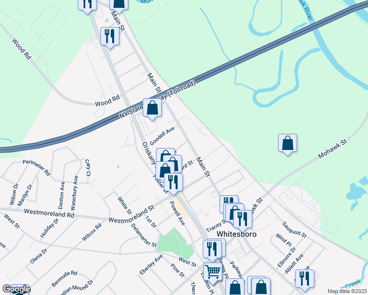 map of restaurants, bars, coffee shops, grocery stores, and more near 190 Main Street in Whitesboro