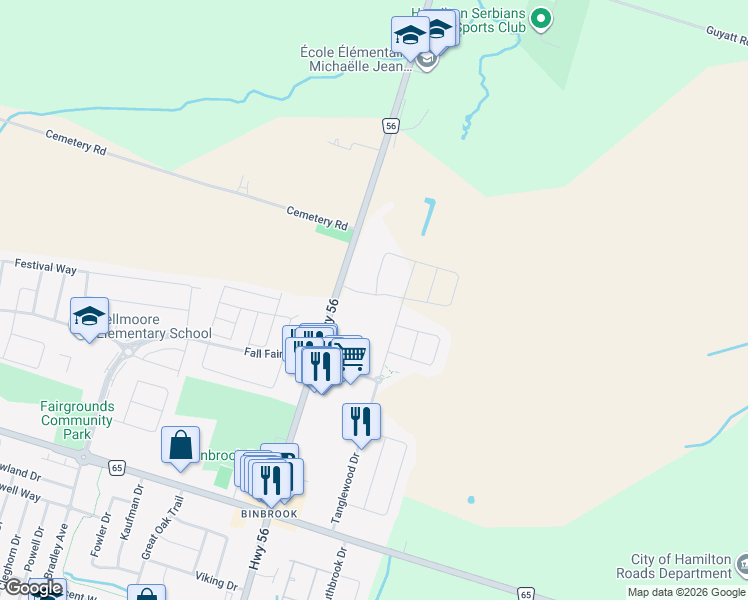 map of restaurants, bars, coffee shops, grocery stores, and more near 32 Zoe Lane in Hamilton
