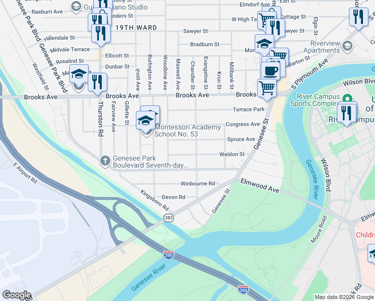 map of restaurants, bars, coffee shops, grocery stores, and more near 205 Spruce Avenue in Rochester