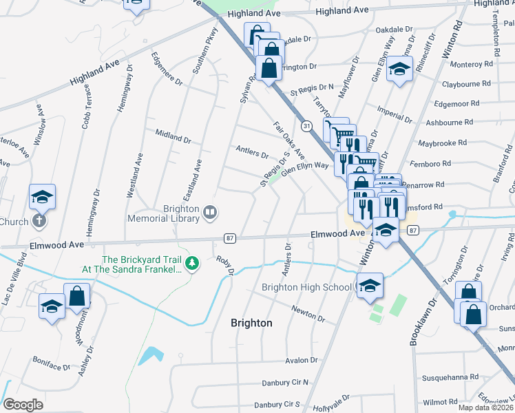 map of restaurants, bars, coffee shops, grocery stores, and more near 27 Bonnie Brae Avenue in Rochester