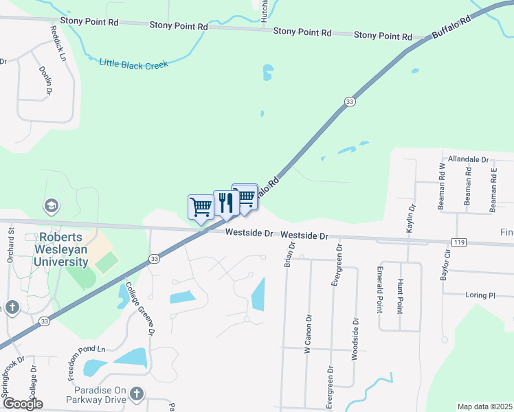 map of restaurants, bars, coffee shops, grocery stores, and more near 4151 Buffalo Road in Rochester