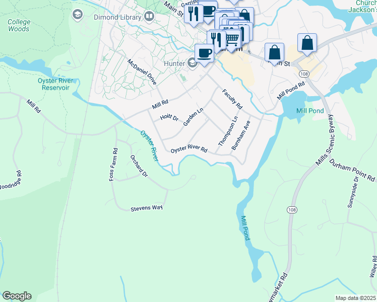 map of restaurants, bars, coffee shops, grocery stores, and more near 34 Oyster River Road in Durham