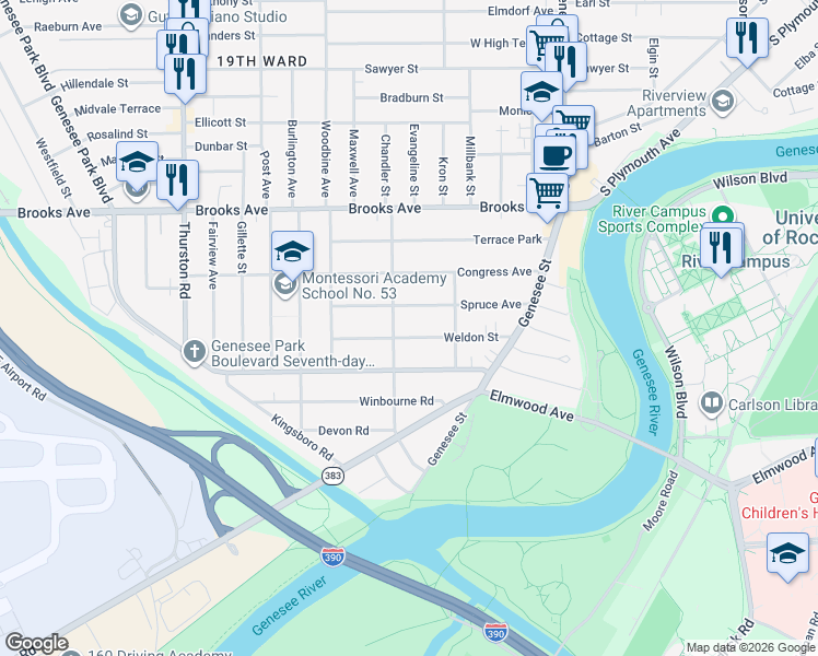 map of restaurants, bars, coffee shops, grocery stores, and more near 149 Spruce Avenue in Rochester