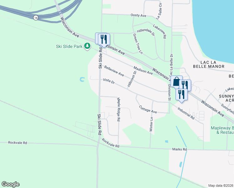 map of restaurants, bars, coffee shops, grocery stores, and more near W249 Vista Drive in Oconomowoc