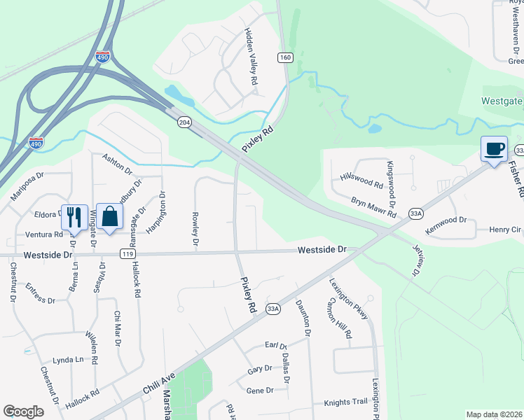 map of restaurants, bars, coffee shops, grocery stores, and more near 78 Woodview Drive in Rochester