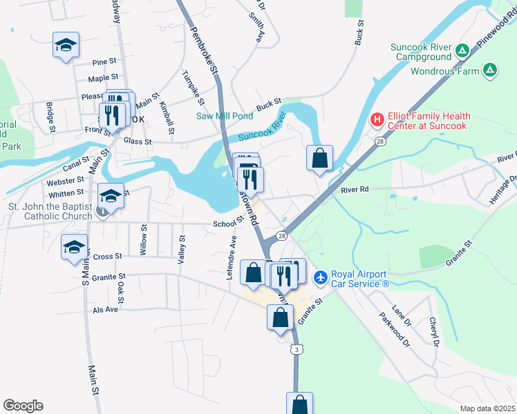 map of restaurants, bars, coffee shops, grocery stores, and more near 2 River Road in Allenstown