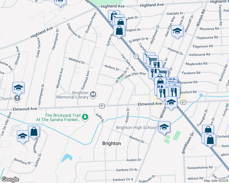 map of restaurants, bars, coffee shops, grocery stores, and more near 27 Bonnie Brae Avenue in Rochester
