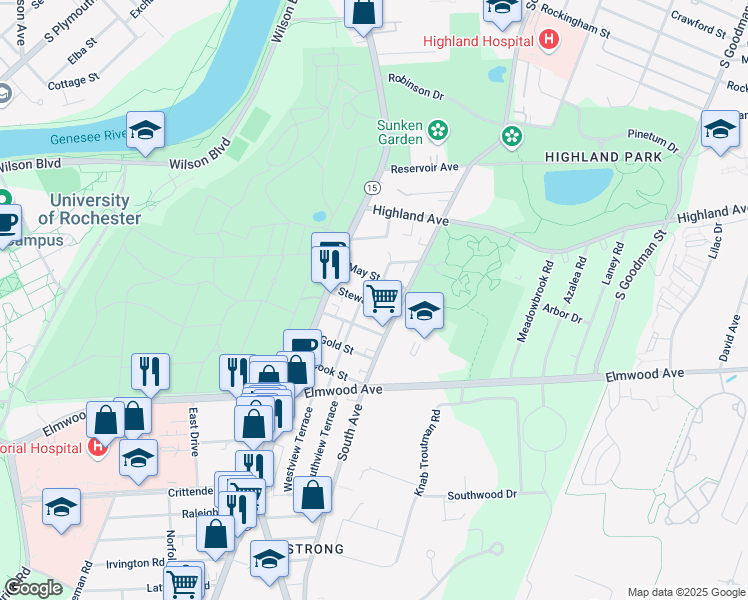 map of restaurants, bars, coffee shops, grocery stores, and more near 40 Stewart Street in Rochester