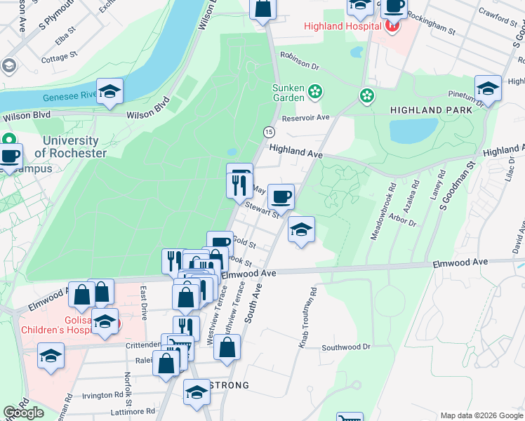 map of restaurants, bars, coffee shops, grocery stores, and more near 40 Stewart Street in Rochester