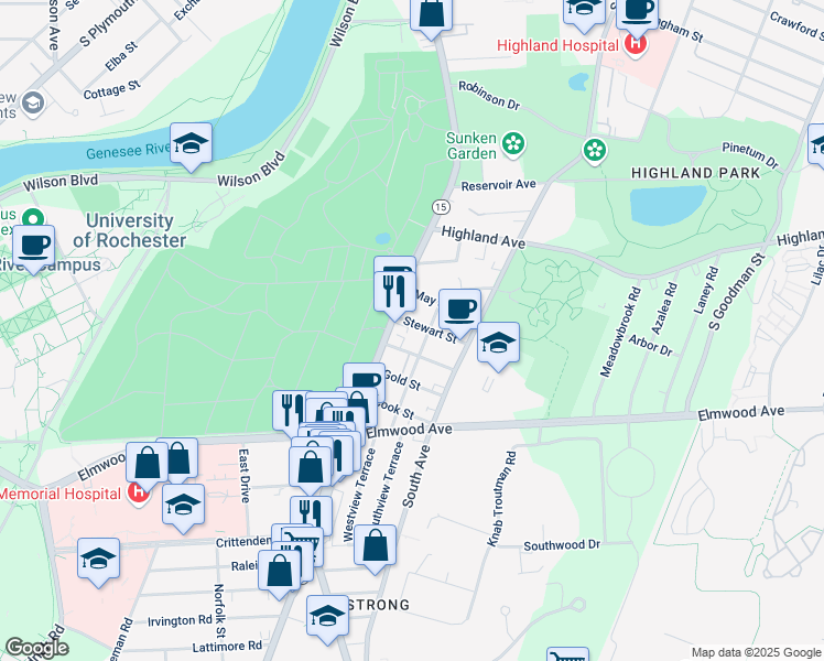 map of restaurants, bars, coffee shops, grocery stores, and more near 40 Stewart Street in Rochester