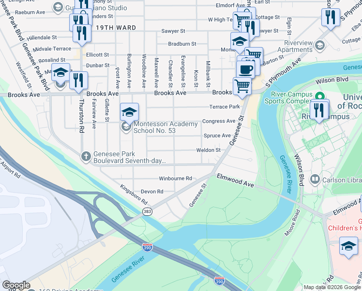 map of restaurants, bars, coffee shops, grocery stores, and more near 149 Spruce Avenue in Rochester
