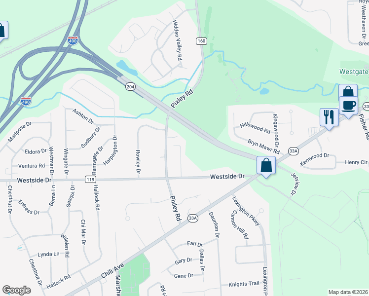 map of restaurants, bars, coffee shops, grocery stores, and more near 78 Woodview Drive in Rochester