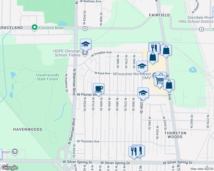 map of restaurants, bars, coffee shops, grocery stores, and more near 6061 North 39th Street in Milwaukee
