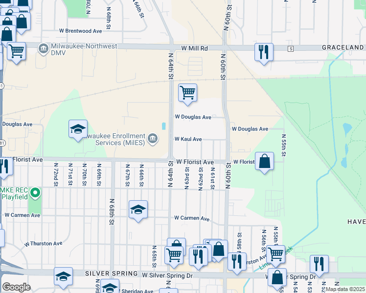 map of restaurants, bars, coffee shops, grocery stores, and more near 6313 West Kaul Avenue in Milwaukee