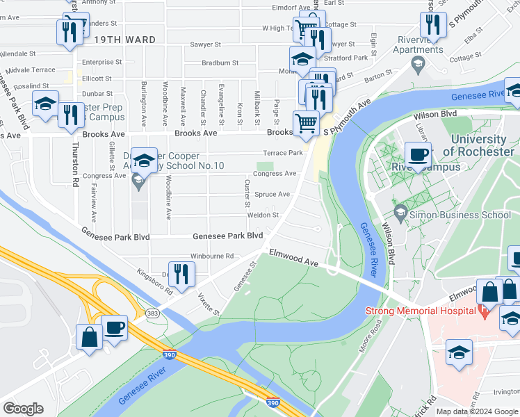 map of restaurants, bars, coffee shops, grocery stores, and more near 54 Weldon Street in Rochester